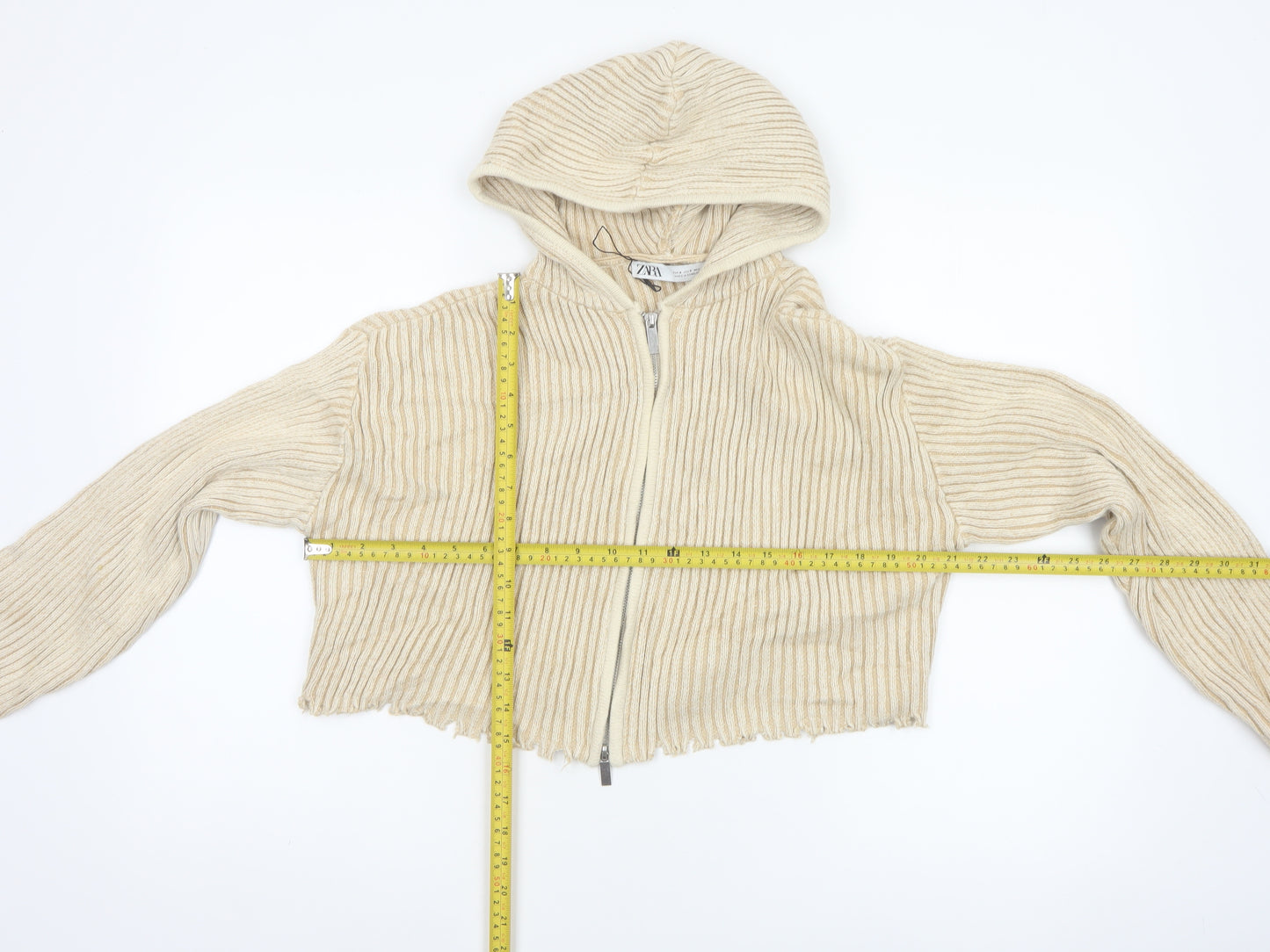 Zara Women Beige S Hooded Rib Knit Full Zip Cropped Cardigan