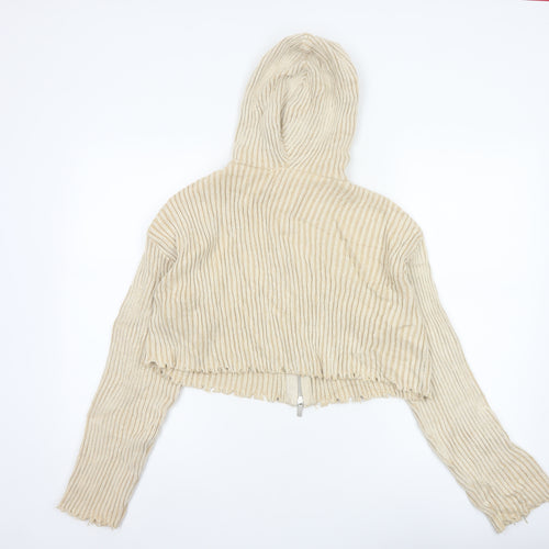 Zara Women Beige S Hooded Rib Knit Full Zip Cropped Cardigan