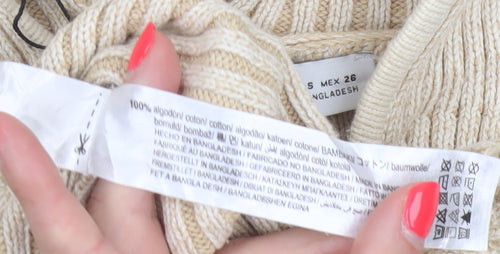 Zara Women Beige S Hooded Rib Knit Full Zip Cropped Cardigan