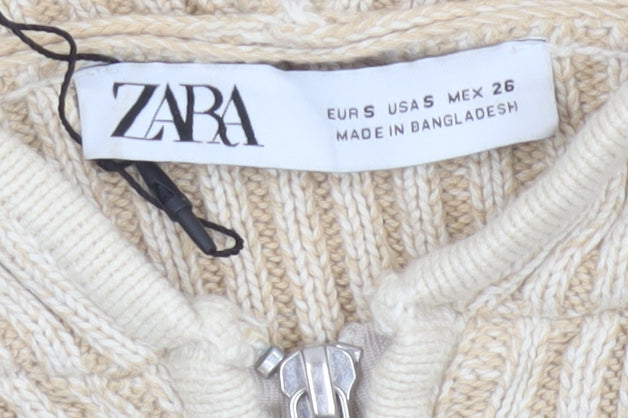 Zara Women Beige S Hooded Rib Knit Full Zip Cropped Cardigan