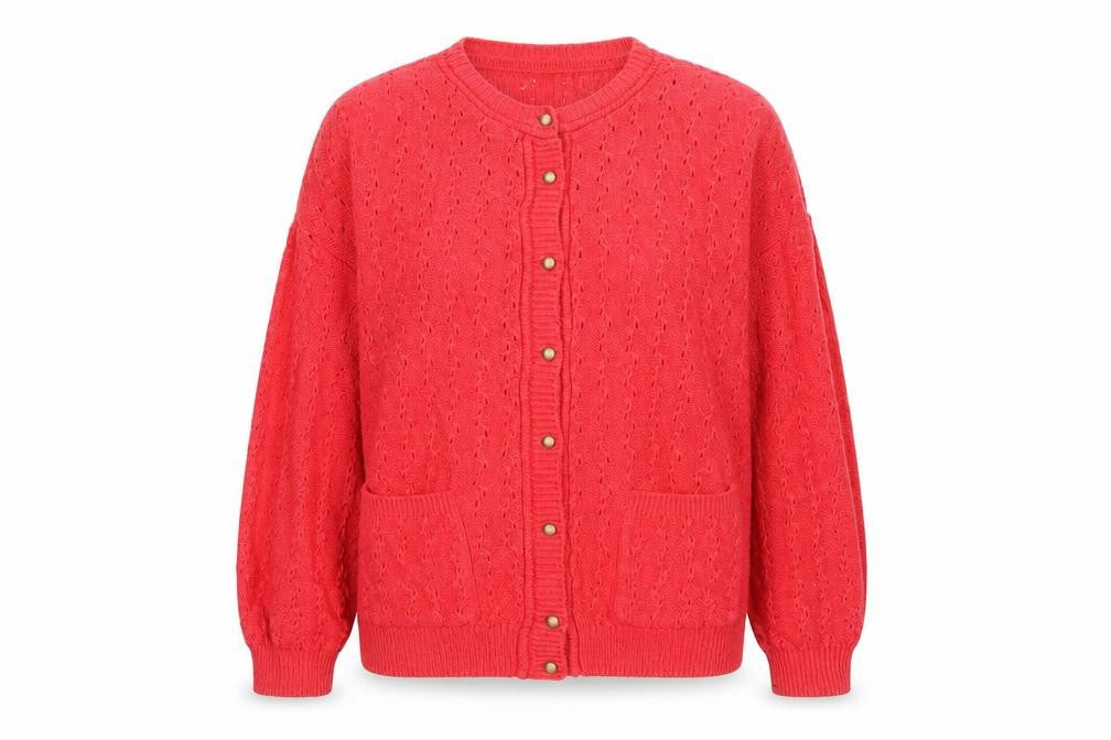 Front view of St Bernard Women’s Red Open-Knit Cardigan, size UK 14-16, Button Pockets