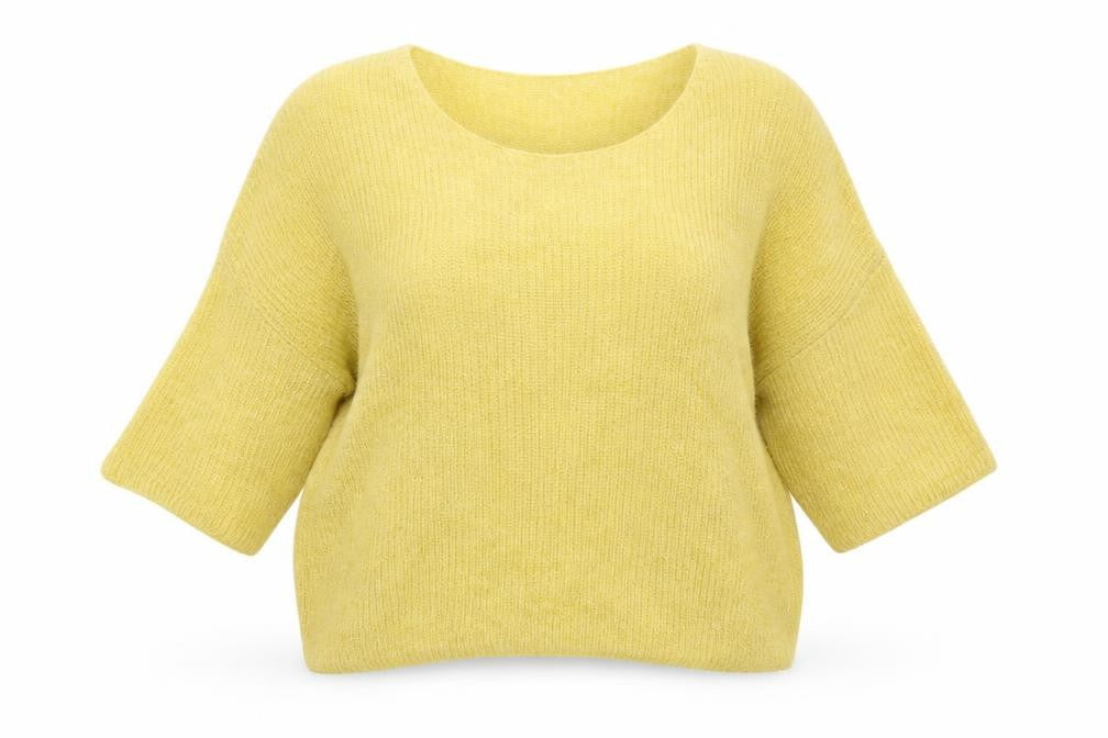 Front view of Soaked Women’s Yellow Mohair Blend Open Knit jumper L
