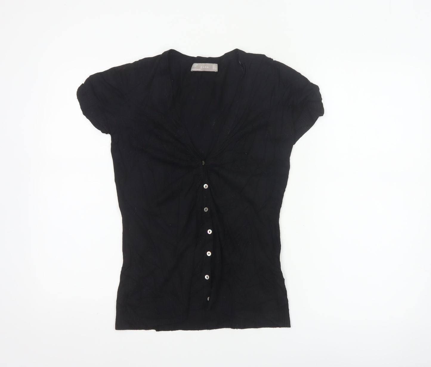 Zara Women Black UK 12 Short Sleeve V-Neck Button Cardigan