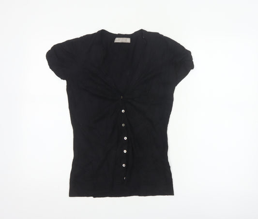 Zara Women Black UK 12 Short Sleeve V-Neck Button Cardigan