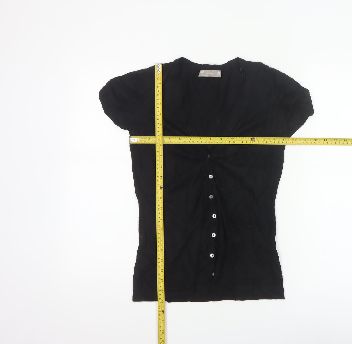 Zara Women Black UK 12 Short Sleeve V-Neck Button Cardigan