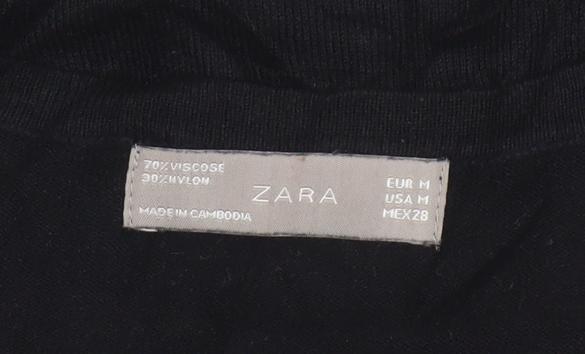 Zara Women Black UK 12 Short Sleeve V-Neck Button Cardigan