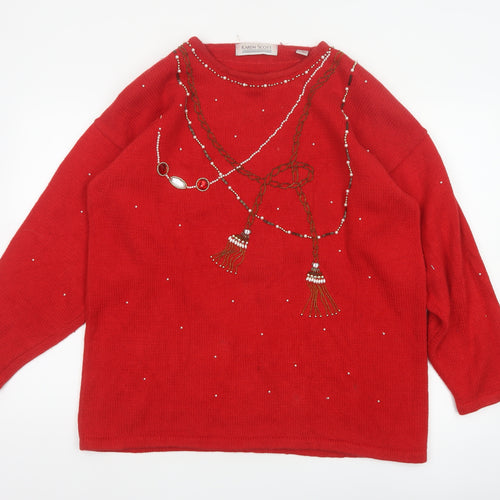 Karen Scott Unisex Adults Red L Beaded Ramie Cotton Pullover Jumper