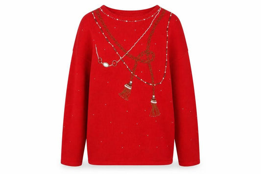Front view of Karen Scott unisex adults red l beaded ramie cotton jumper