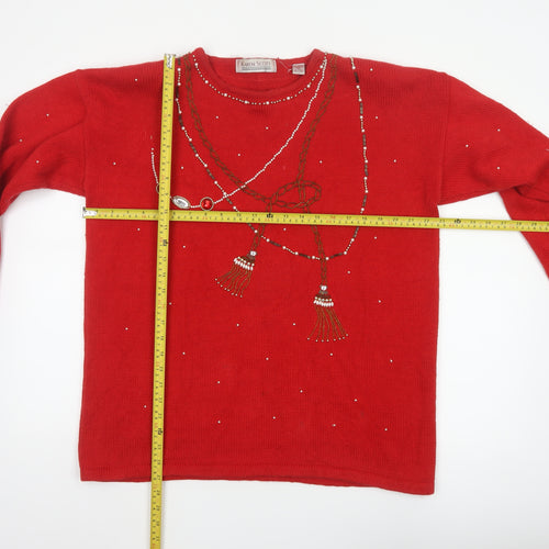 Karen Scott Unisex Adults Red L Beaded Ramie Cotton Pullover Jumper