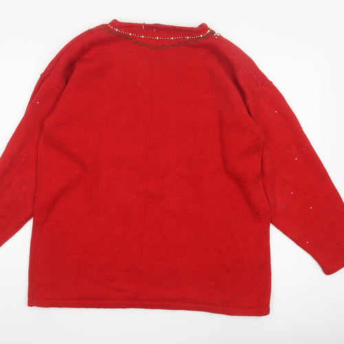 Karen Scott Unisex Adults Red L Beaded Ramie Cotton Pullover Jumper