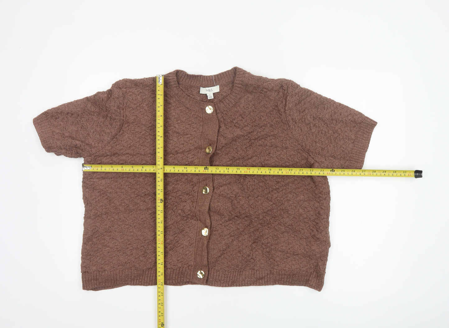 Marks and Spencer Women Brown XL Textured Knit Short Sleeve Cardigan