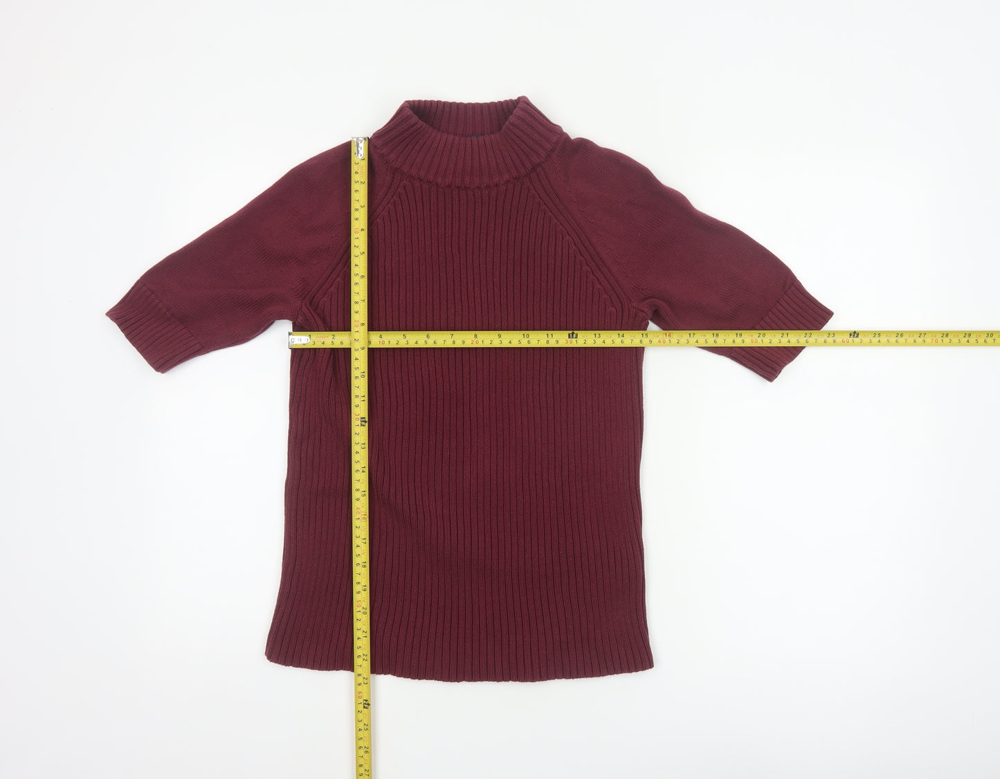 Lands' End Women Red M Petite Cotton Roll Neck Short Sleeve Jumper