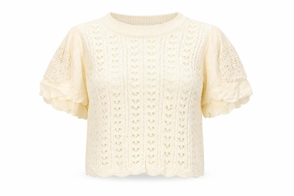 Per Una Women’s Ivory UK 14 Crochet Knit Ruffle Sleeve Blouse