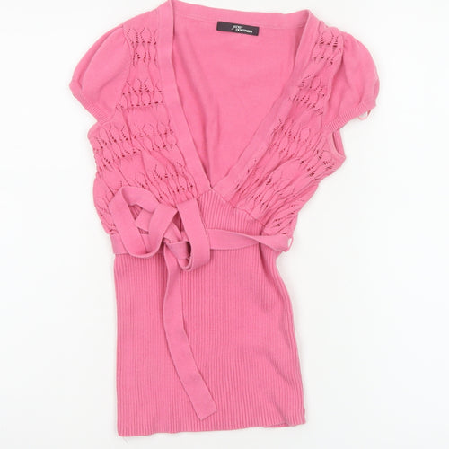 Jane Norman Women Pink Size 10 Cotton Knit Wrap Tie Puff Sleeve Blouse