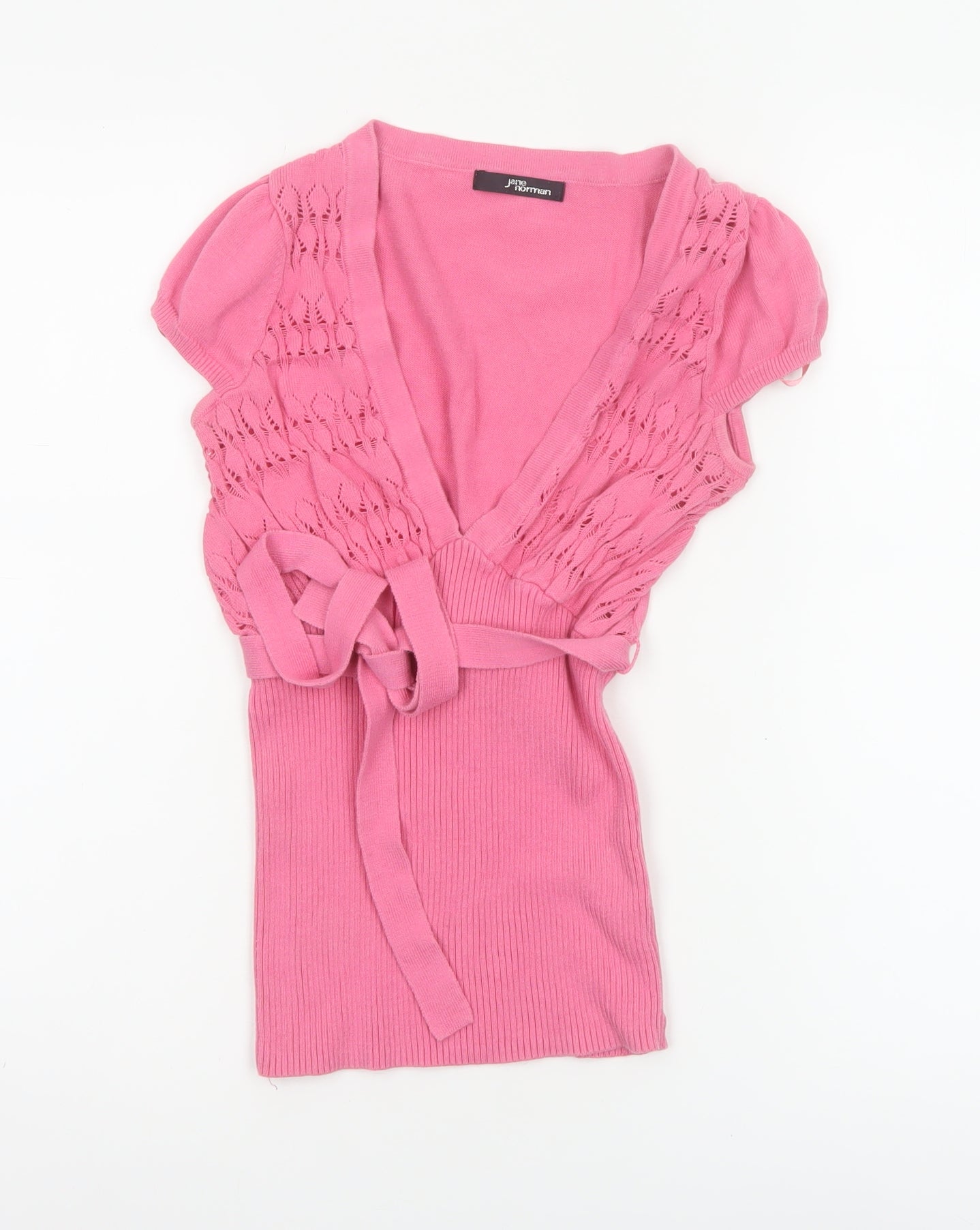 Jane Norman Women Pink Size 10 Cotton Knit Wrap Tie Puff Sleeve Blouse