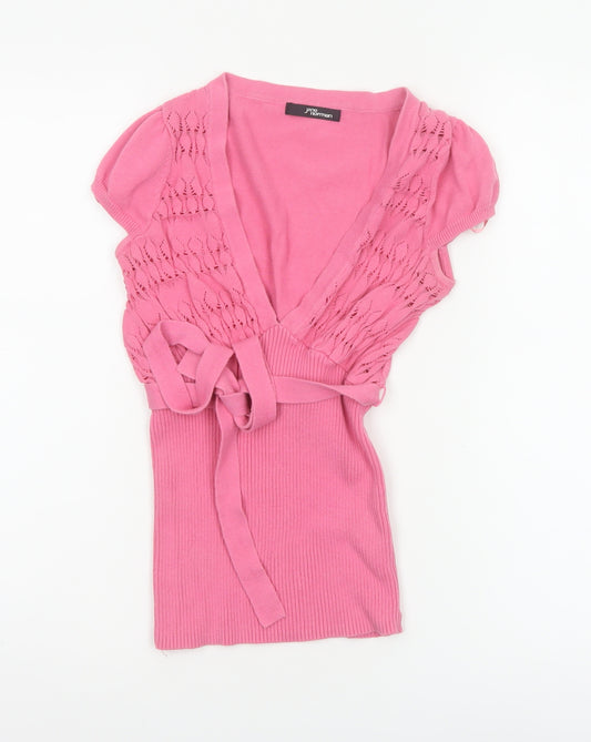 Jane Norman Women Pink Size 10 Cotton Knit Wrap Tie Puff Sleeve Blouse