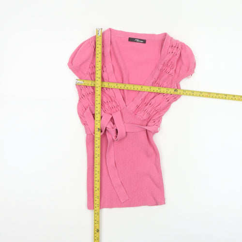 Jane Norman Women Pink Size 10 Cotton Knit Wrap Tie Puff Sleeve Blouse