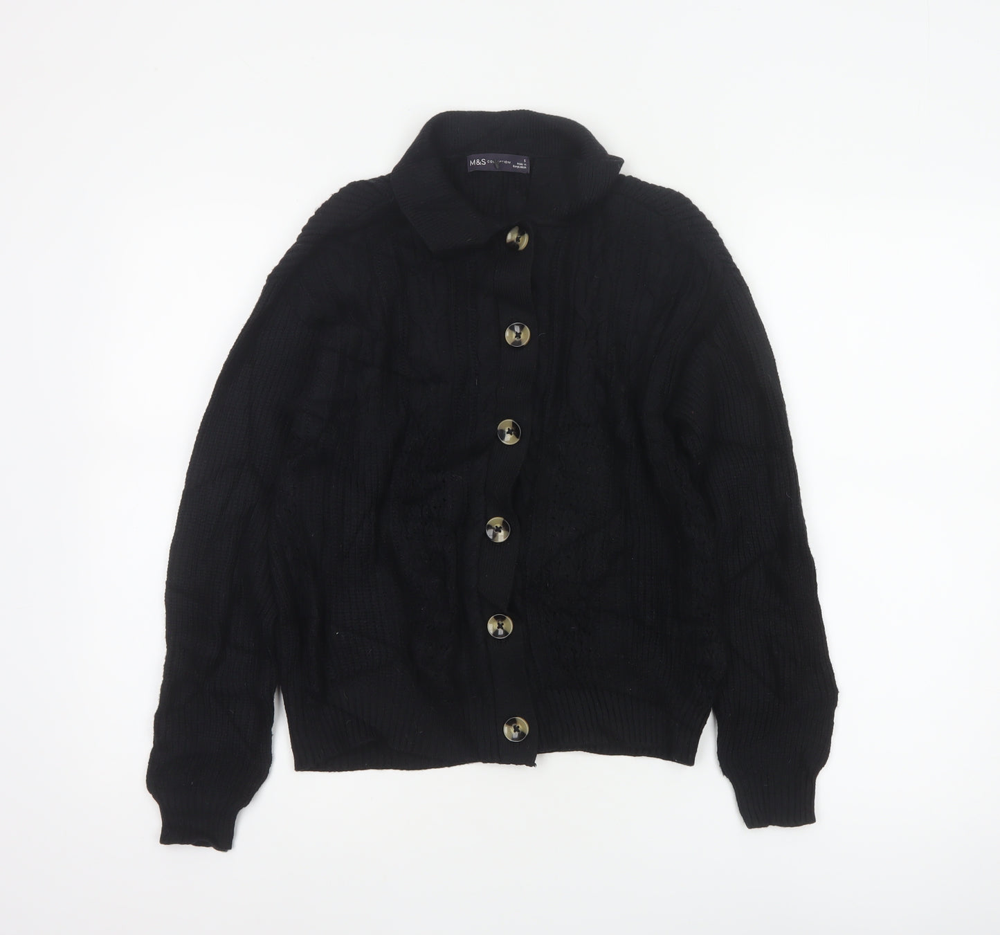 Marks & Spencer Women Black S Cable Knit Collared Button Cardigan