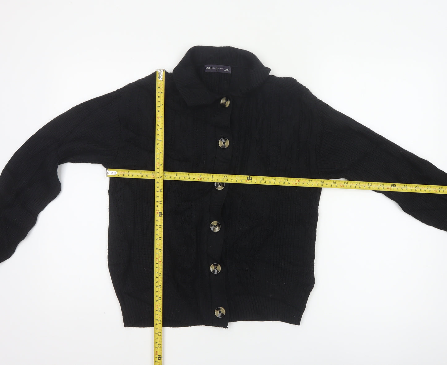 Marks & Spencer Women Black S Cable Knit Collared Button Cardigan