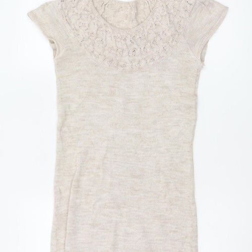 Topshop Women Beige UK 8 Tunic Jumper Short Sleeve Open-Knit