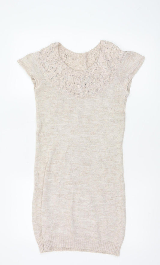 Topshop Women Beige UK 8 Tunic Jumper Short Sleeve Open-Knit