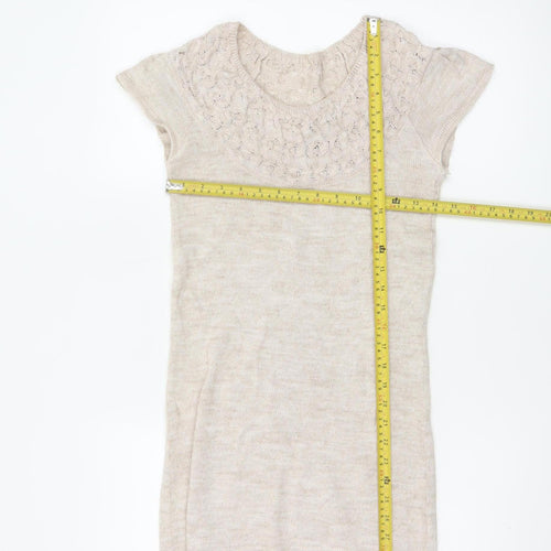 Topshop Women Beige UK 8 Tunic Jumper Short Sleeve Open-Knit
