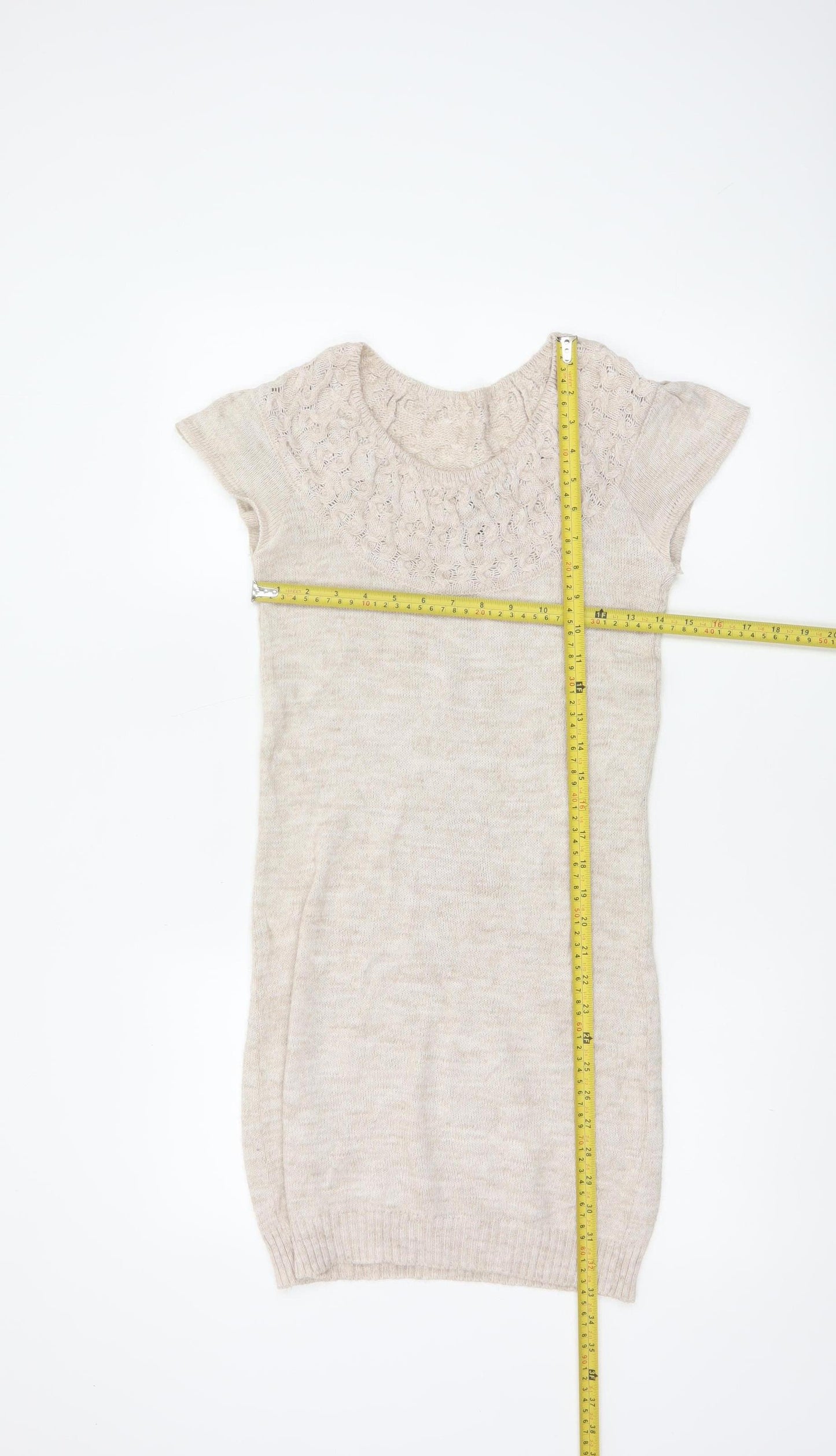 Topshop Women Beige UK 8 Tunic Jumper Short Sleeve Open-Knit