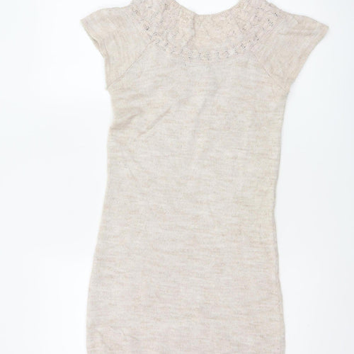Topshop Women Beige UK 8 Tunic Jumper Short Sleeve Open-Knit
