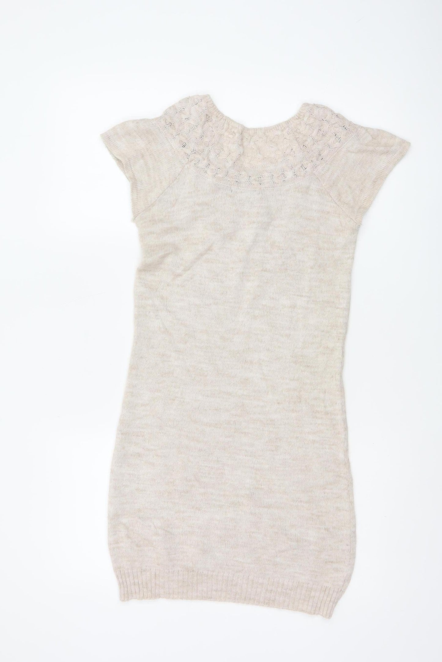Topshop Women Beige UK 8 Tunic Jumper Short Sleeve Open-Knit