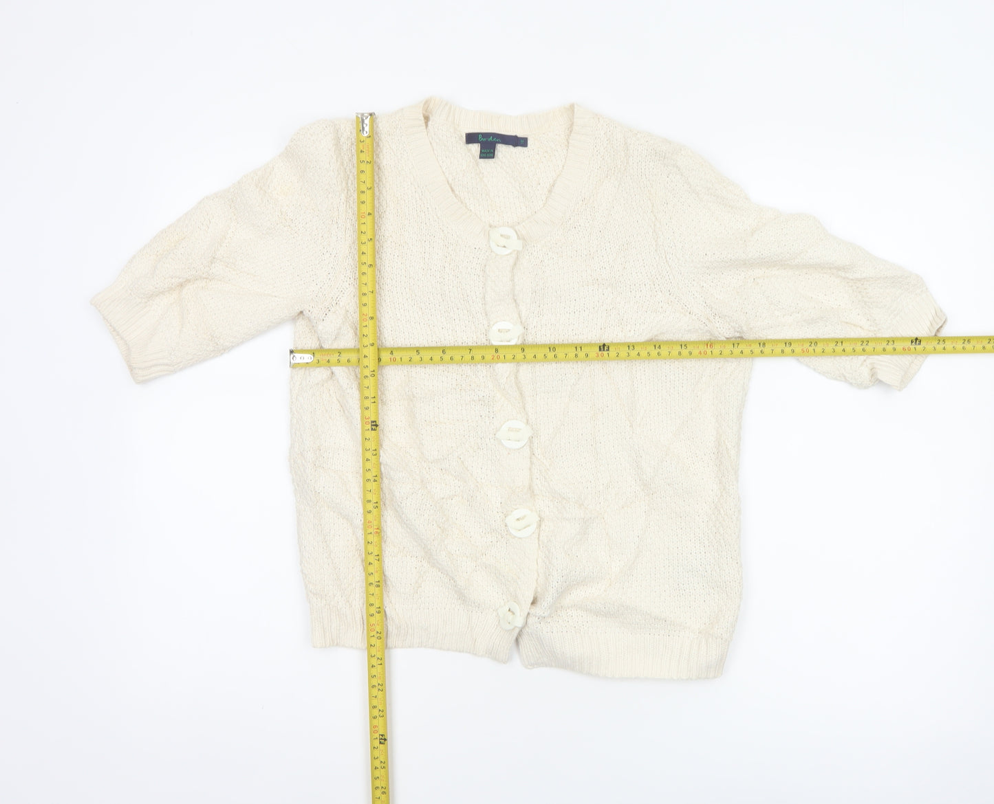 Boden Women Ivory Cotton V-Neck Button Cardigan Size 12 3/4 Sleeve