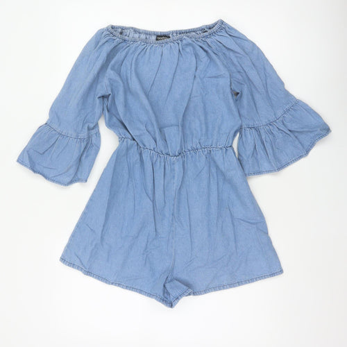 Boohoo Women Blue UK 10 Denim Off Shoulder Bell Sleeve Playsuit