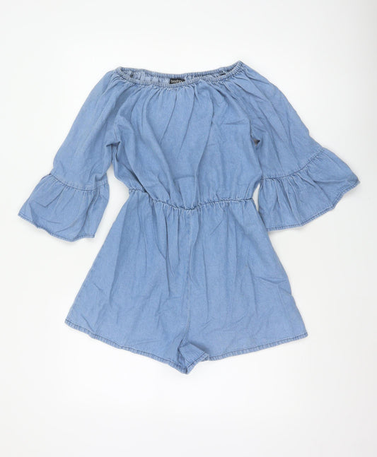Boohoo Women Blue UK 10 Denim Off Shoulder Bell Sleeve Playsuit