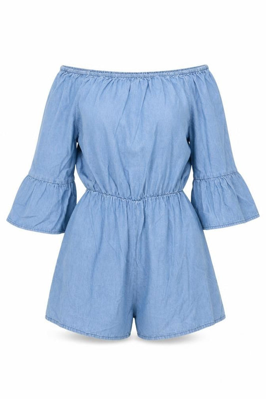 Boohoo Women Blue UK 10 Denim Off Shoulder Bell Sleeve Playsuit