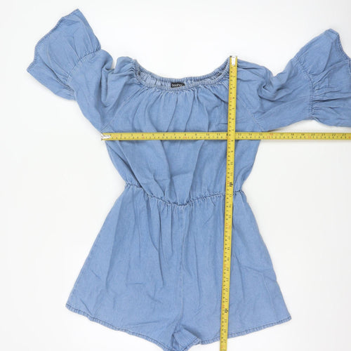 Boohoo Women Blue UK 10 Denim Off Shoulder Bell Sleeve Playsuit