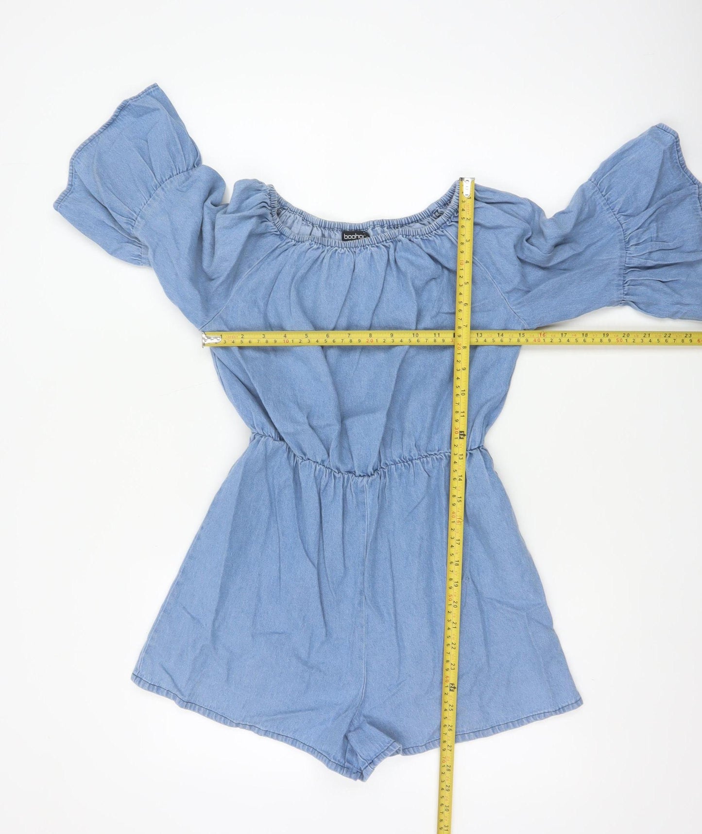Boohoo Women Blue UK 10 Denim Off Shoulder Bell Sleeve Playsuit