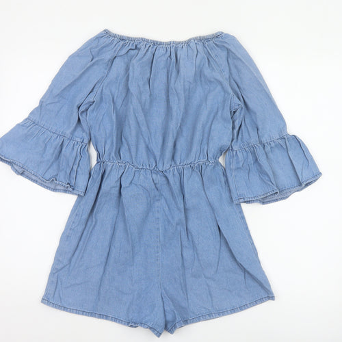 Boohoo Women Blue UK 10 Denim Off Shoulder Bell Sleeve Playsuit