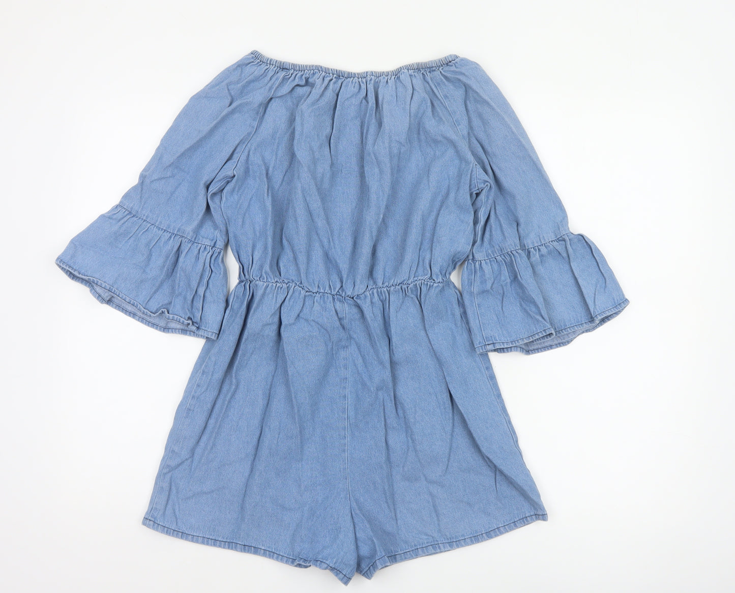 Boohoo Women Blue UK 10 Denim Off Shoulder Bell Sleeve Playsuit