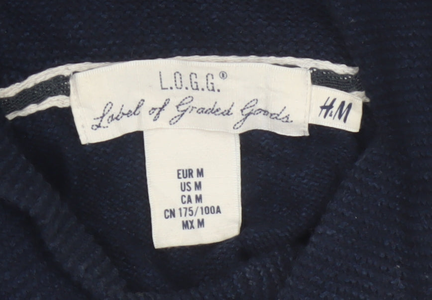 H&M LOGG Men’s Blue M Cable Knit Shawl Collar Cotton Jumper