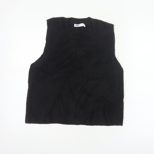 Zara Women Black UK 12 Cable-Knit V-Neck Sleeveless Jumper Vest