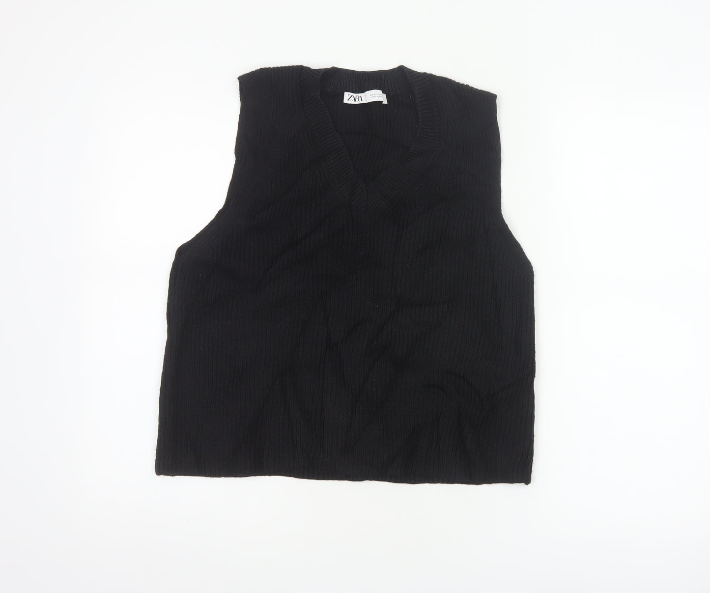 Zara Women Black UK 12 Cable-Knit V-Neck Sleeveless Jumper Vest