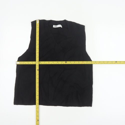 Zara Women Black UK 12 Cable-Knit V-Neck Sleeveless Jumper Vest