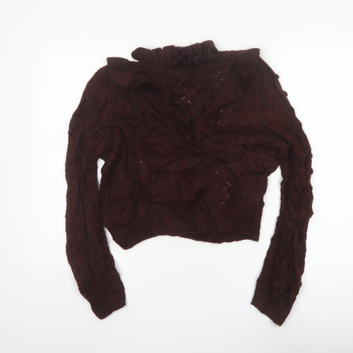 Zara Women Brown M Cable Knit Ruffle Roll Neck Jumper