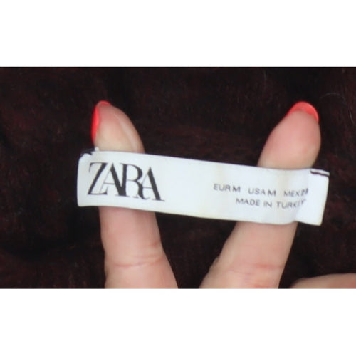 Zara Women Brown M Cable Knit Ruffle Roll Neck Jumper