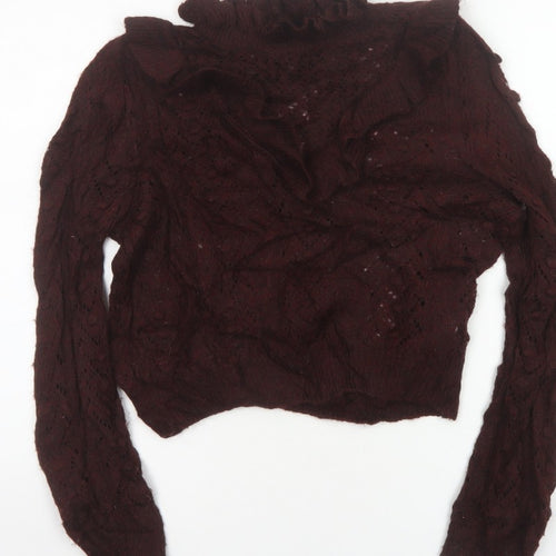 Zara Women Brown M Cable Knit Ruffle Roll Neck Jumper