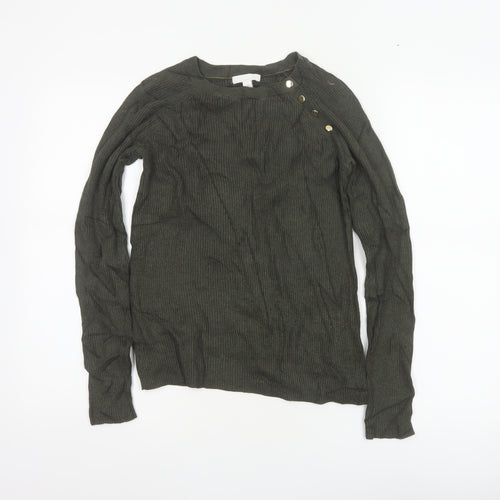 H&M Women Green Size S Rib Knit Mock Neck Button Jumper