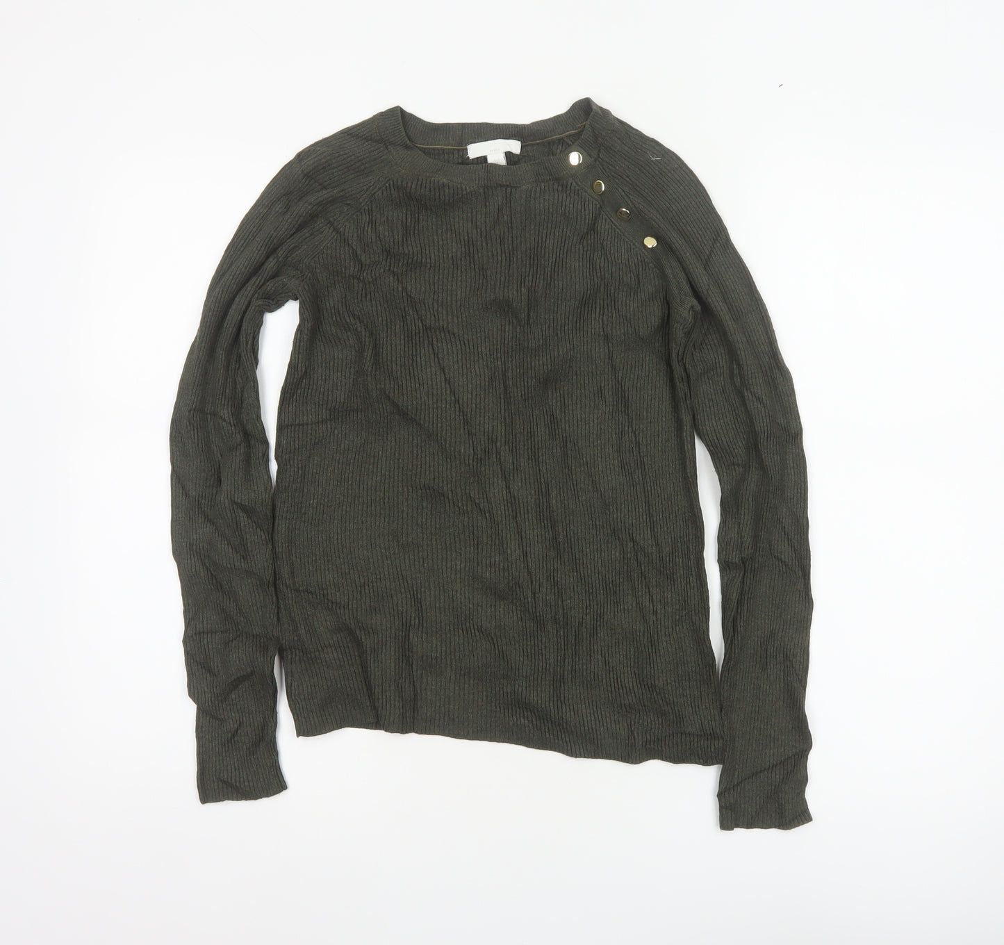 H&M Women Green Size S Rib Knit Mock Neck Button Jumper