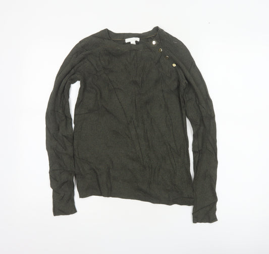 H&M Women Green Size S Rib Knit Mock Neck Button Jumper