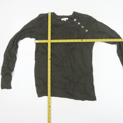H&M Women Green Size S Rib Knit Mock Neck Button Jumper