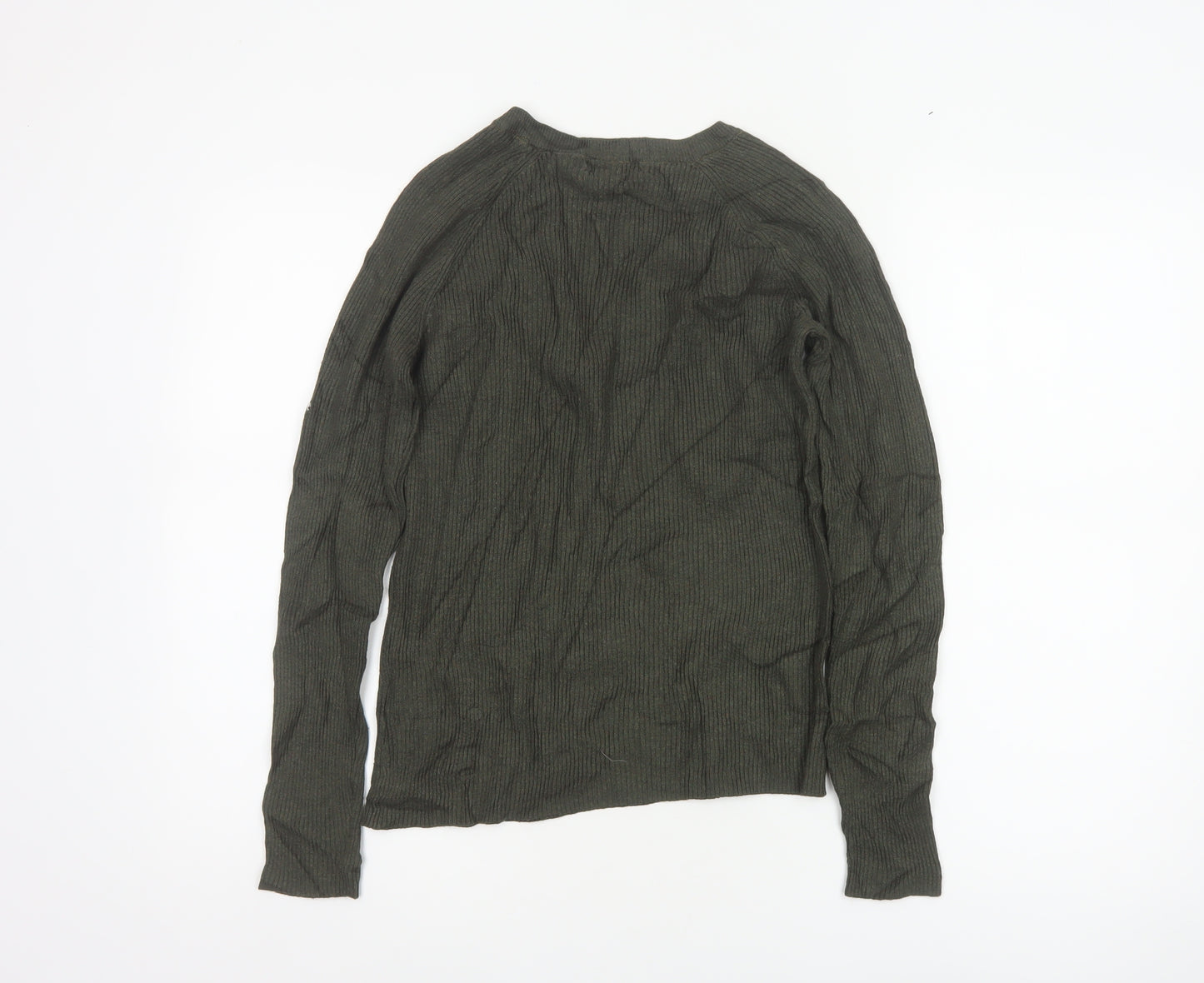 H&M Women Green Size S Rib Knit Mock Neck Button Jumper