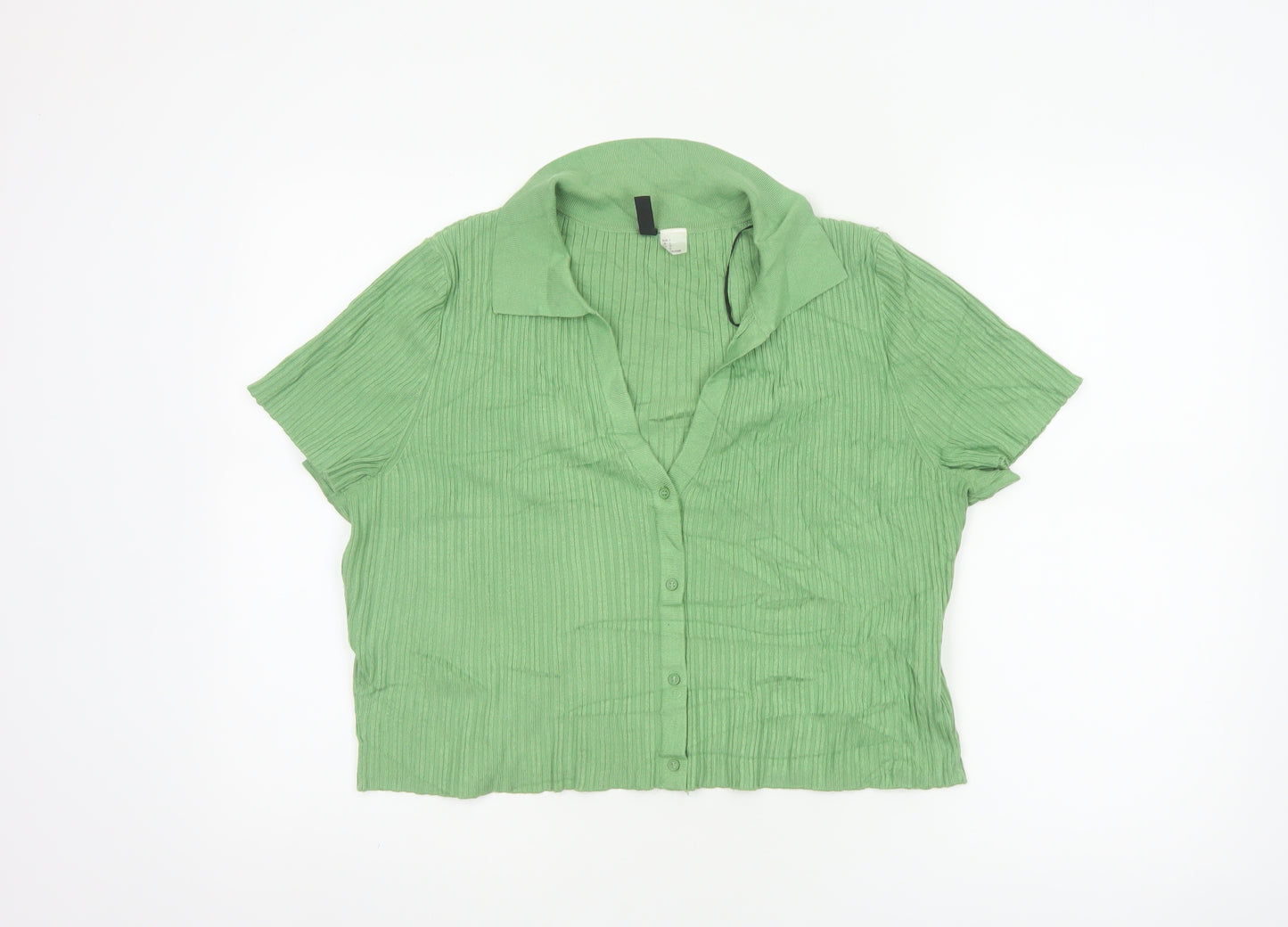 H&M Women Green L Ribbed Knit Collared Short Sleeve Button-Up Top